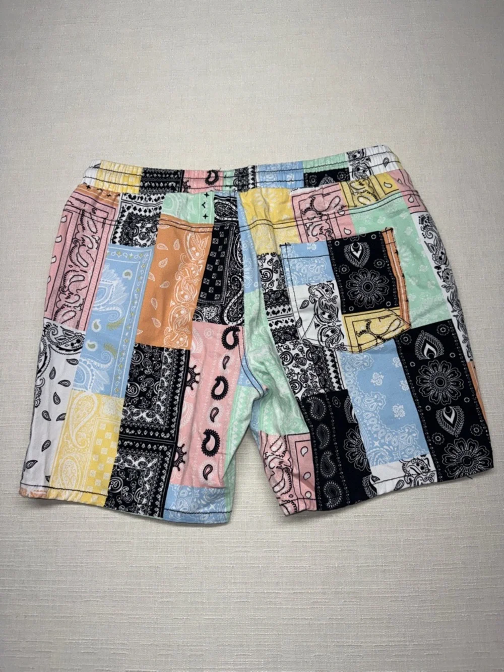 fresh Prints Stretch Twill Patchwork Bandana Drawstring Shorts